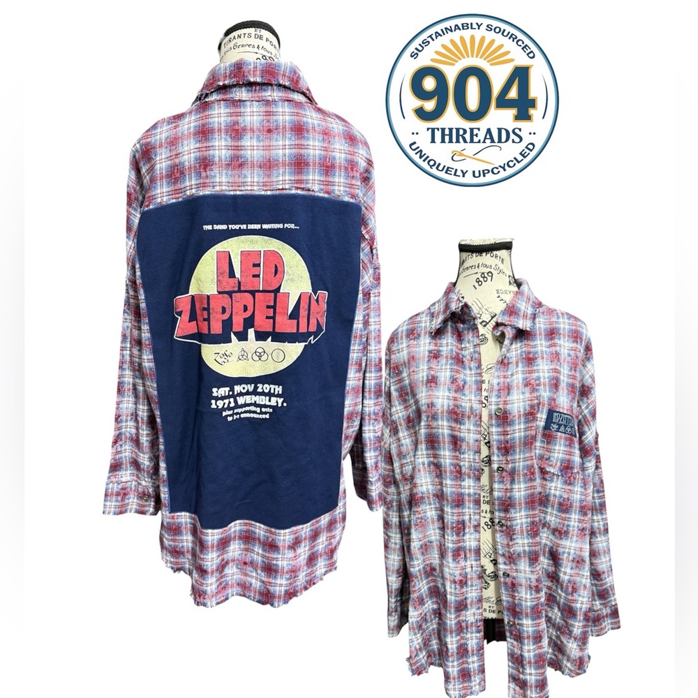 Upcycled Led Zeppelin Graphic Bleached Plaid Raw Hem Button Down